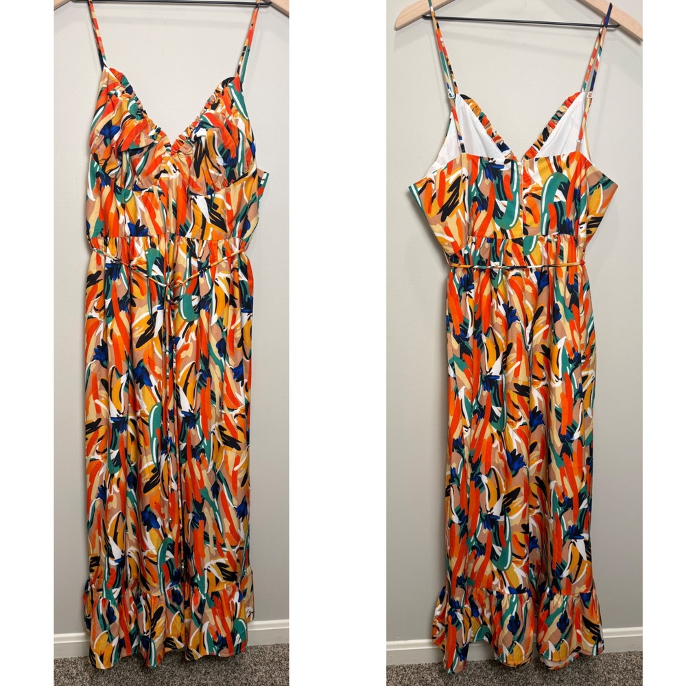 NWT Commense XL Maxi Dress Colorful Ruffle Hem Belted‎ Summer Boho Resort Long